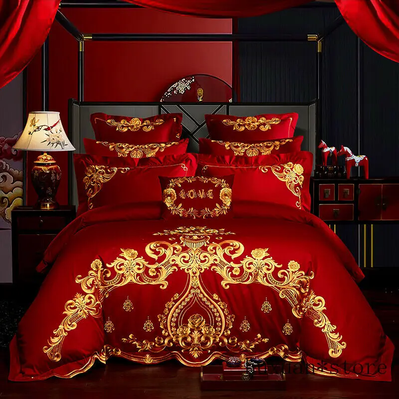 

Red Wedding Duvet Cover Set Embroidery Egyptian Cotton Bedding Set Bedspread New