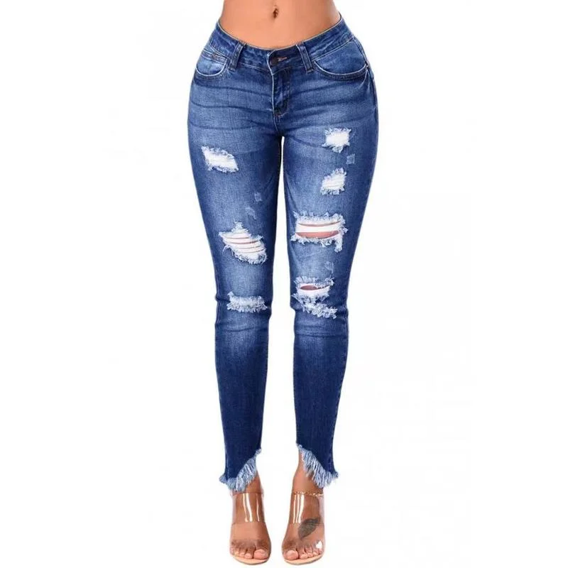 

Fall 2021 New Ladies Jeans Ripped Irregular Feet Fringed Blue Women's Feet Casual Slim Fashion Denim Trousers WS148