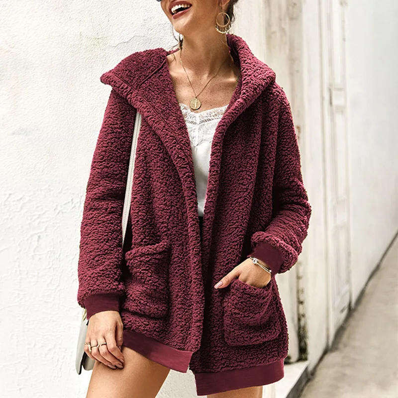 Wine Red Зимнее женское пальто из искусственного меха с длинным рукавом, одноцветные пальто, куртки, верхняя одежда, ZANZEA, Женская Повседневная теплая верхняя одежда с капюшоном, кардиган плюс - Цвет: Wine Red