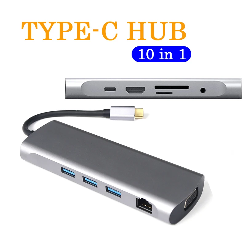 

Многофункциональный USB-C концентратор 10 в 1 Тип C to vga RJ45 3,5 мм AUX jack 4K HDMI-Совместимость с TF PD кабель для зарядки с портом usb 3,0 для MacBook pro