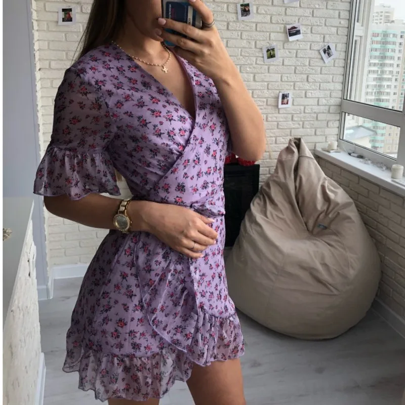 Сиреневый платье с запахом и цветочным принтом женское летнее Повседневное 2020