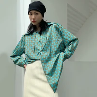spring and autumn vintage lapel loose korean fashion printed top womens long sleeve green casual tee shirts french style tops