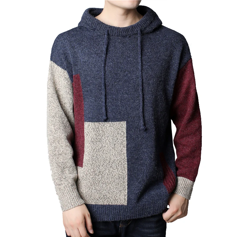 

Streetwear Knitted Sweater Hooded Jumper Autumn Men Blue Patchwork Streetwear Casual Sweatshirt Tracksuit Harajuku Sweaters Homm