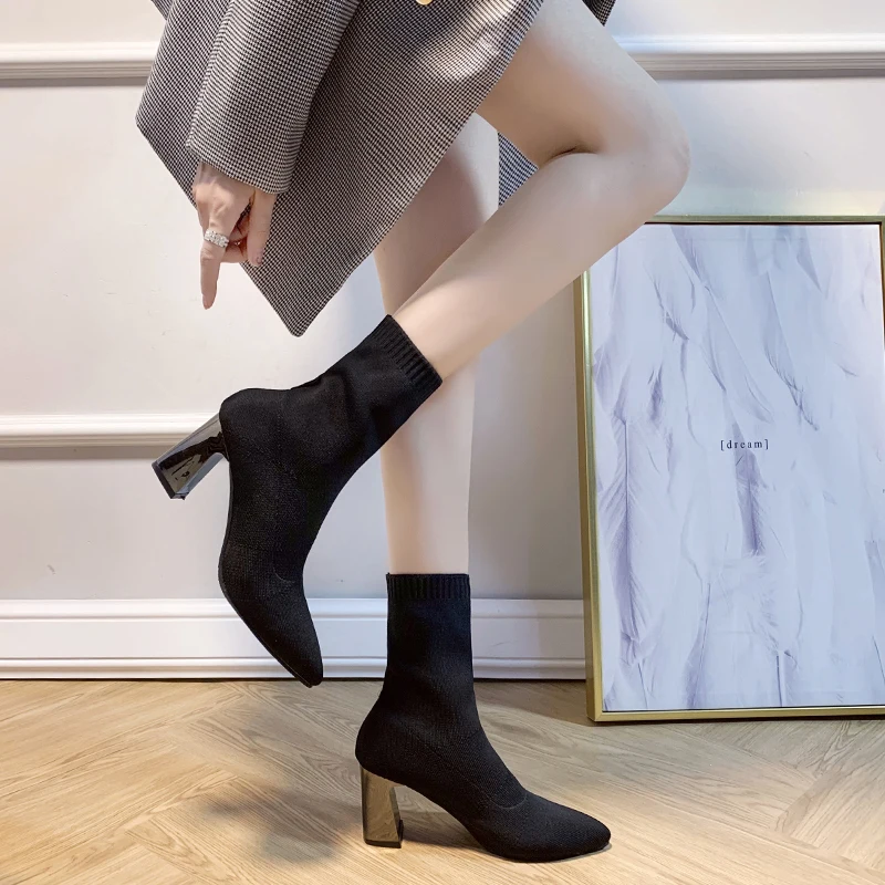 Обувь Bootee/ г. Женские ботинки на высоком каблуке ботинки на шнуровке женские ботильоны с острым каблуком на не сужающемся книзу массивном каблуке Осенние Прорезиненные чулки на шнуровке