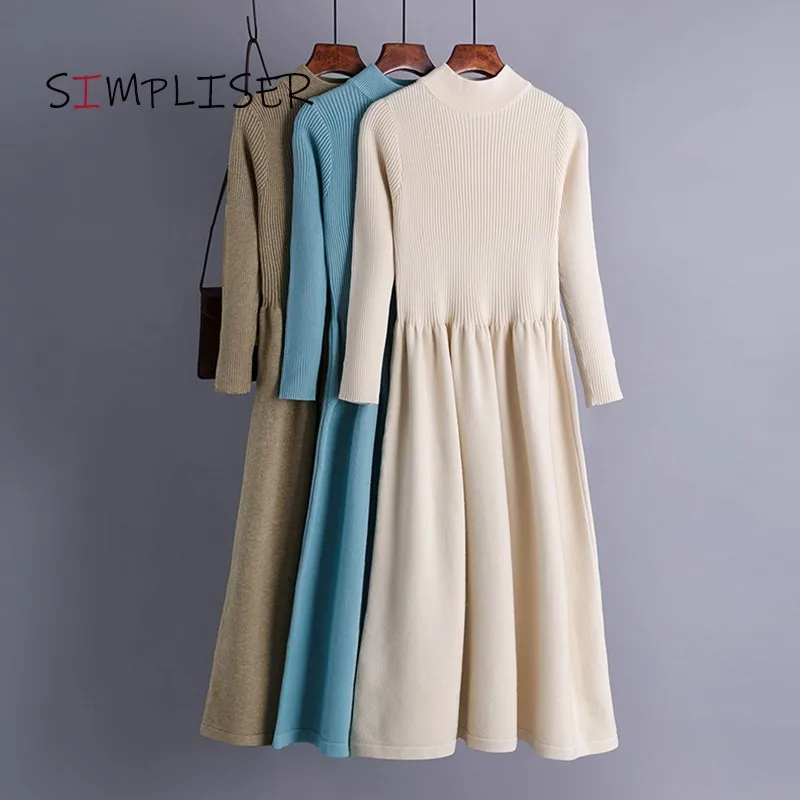 

Женское эластичное трикотажное платье-свитер, базовое платье до колена с толстым дном, Осень-зима 2021