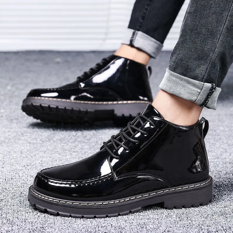 

Winter New Black Thick Base Cloth Mid-Top Boots Men Fall British Trend Boots Hight-Top Korean Casual Men's Shoes Boots