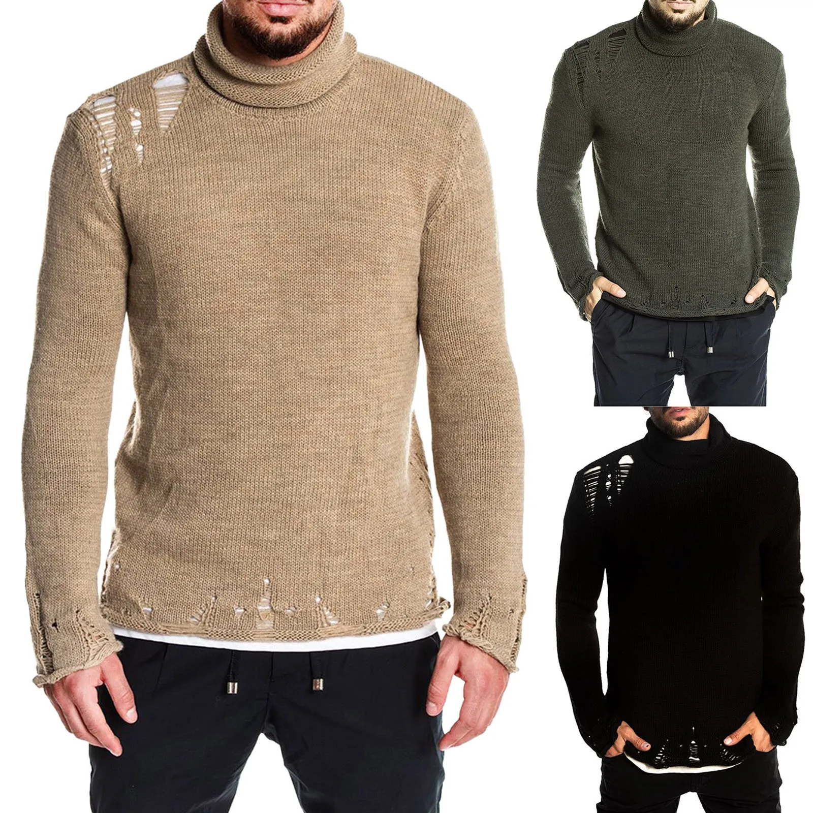 

Pullover Turtleneck Ripped Knitted Sweater Solid Men's Men's Sweaters Pullovers