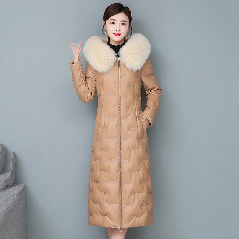 New Women Leather Down Jacket Autumn Winter 2022 Fashion Real Fox Fur Collar Hooded Embroidery Slim Long Sheepskin Down Coat