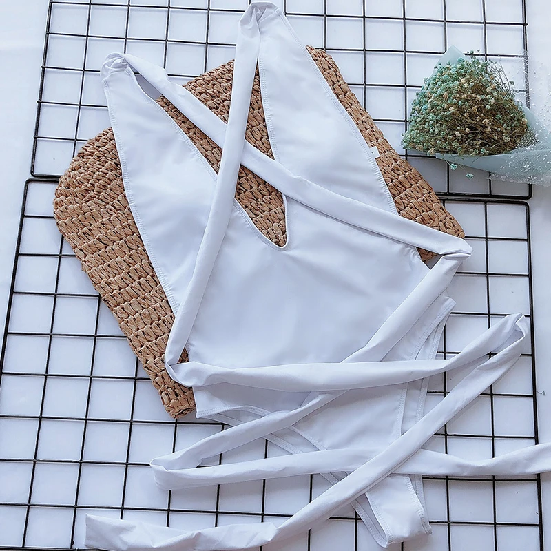 

2021 Sexy Bandage Swimwear Women One Piece Swimsuit V-neck Monokini Female Solid Backless Bathing Suit Beach Wear Bodysuit