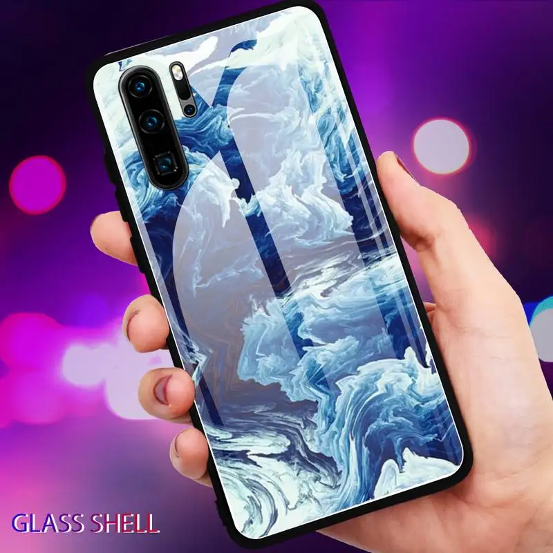 

Marble Texture Watercolour Painting For Huawei P9 10Plus 20PRO P30 Lite Back Cover Tempered Glass Cases For NOVA 3E Series