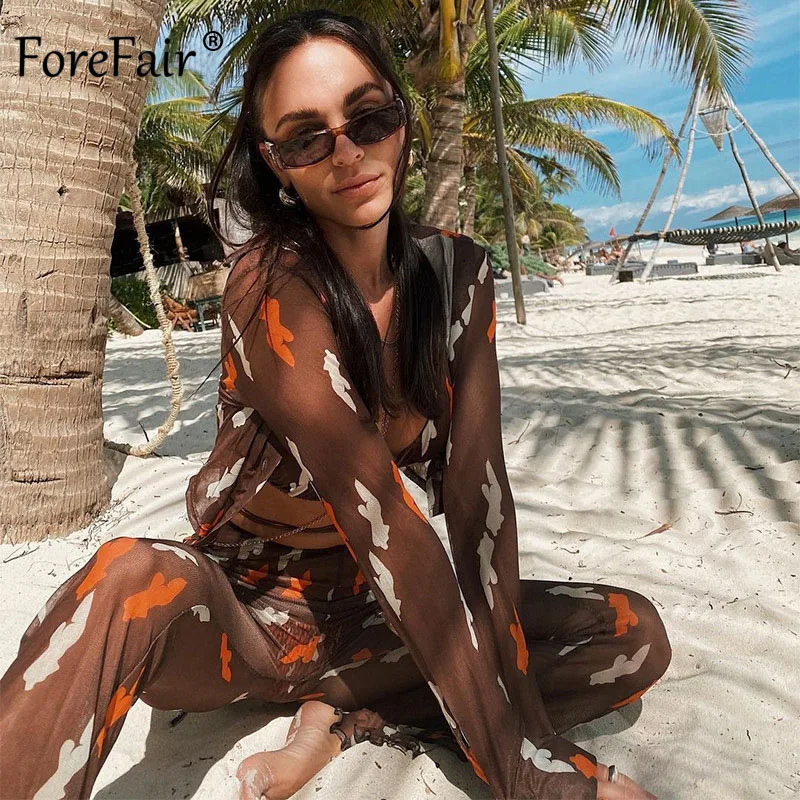 

Forefair Sexy Mesh See Through Shirts Button Up Crop Women Vintage Streetwear Y2K Club Party Fashion Wear 2021