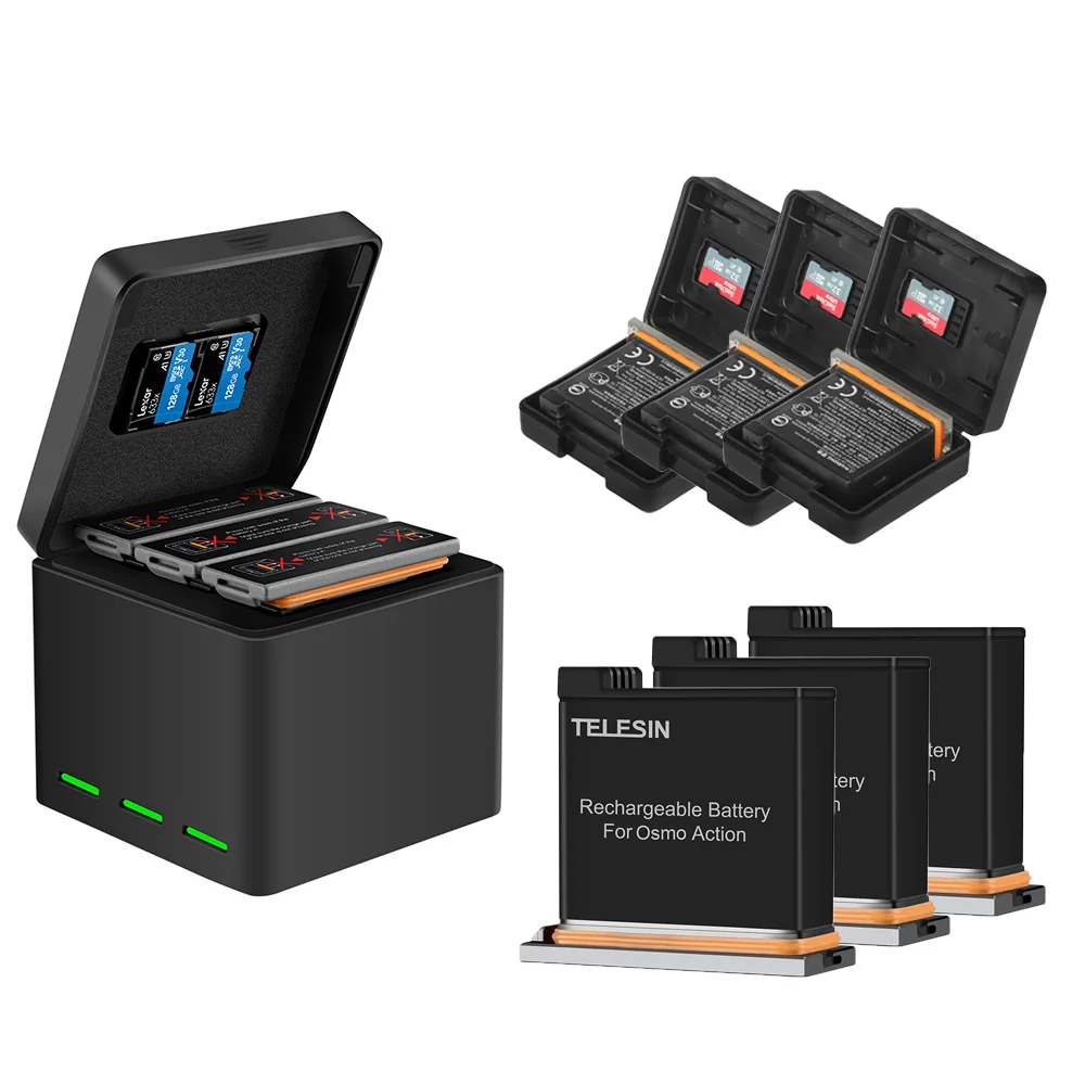 1 Charger 3 Battery TELESIN 3 шт аккумулятор+ 3 слота зарядное устройство для хранения батареи TF карта коробка для хранения для DJI Osmo аксессуары для экшн-камеры - Цвет: 1 Charger 3 Battery