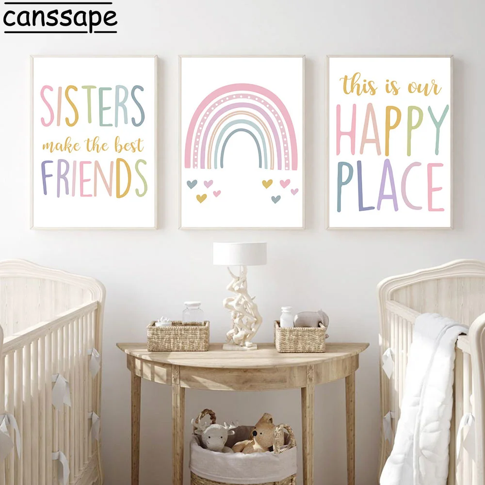 

Nursery Wall Art Canvas Painting Rainbow Poster Heart Print Sister Paintings Nordic Wall Pictures Baby Kids Bedroom Decoration