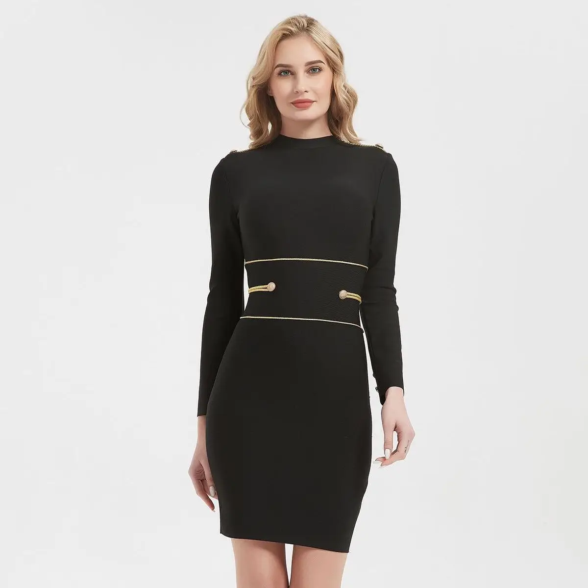 Фото Hash Buch Summer Black Mini Бандажное платье Женское облегающее платье на пуговицах с длинным рукавом и круглым вырезом Сексуальные элегантные клубные вечерние платья №2