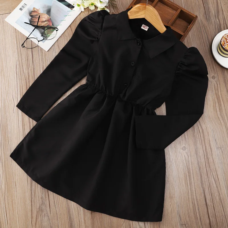 

Autumn Winter 2021 New Girls Dress Long Sleeve O Neck Black Solid Roupa Infantil Menina Cute Sweet Baby Vestidos 2-6T