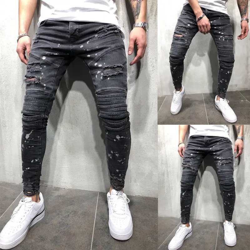 

2020 new Men Ripped Dot Printed Skinny Jeans Destroyed Frayed Slim Fit Denim Pant casual men slim hole Zipper balck jeans pants