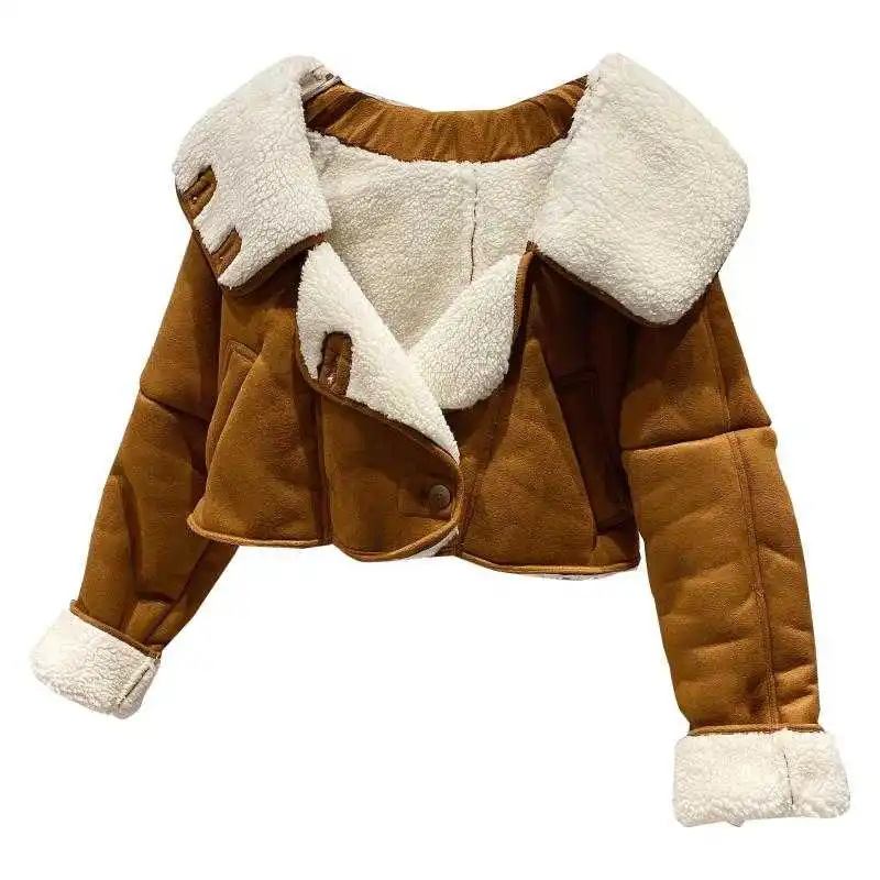 

Winter Women Fashion Long Sleeve Turn Down Collar Single Breasted Wide Waist Leather Jacket Short Coat