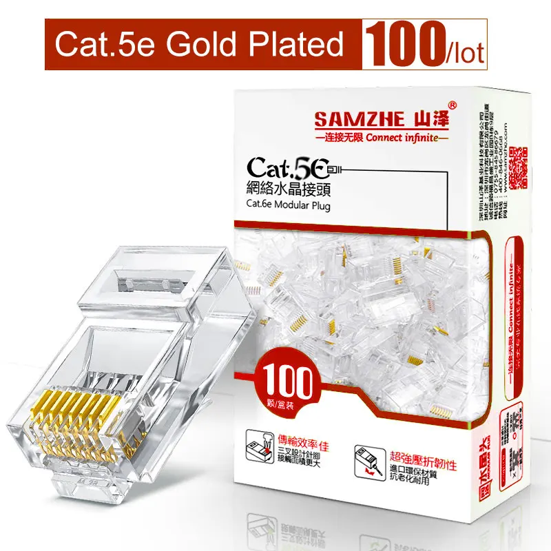 Модульный разъем SAMZHE Cat5e RJ45 8P8C для кабеля Ethernet Позолоченные разъемы CAT 5e Gigabit Bulk |
