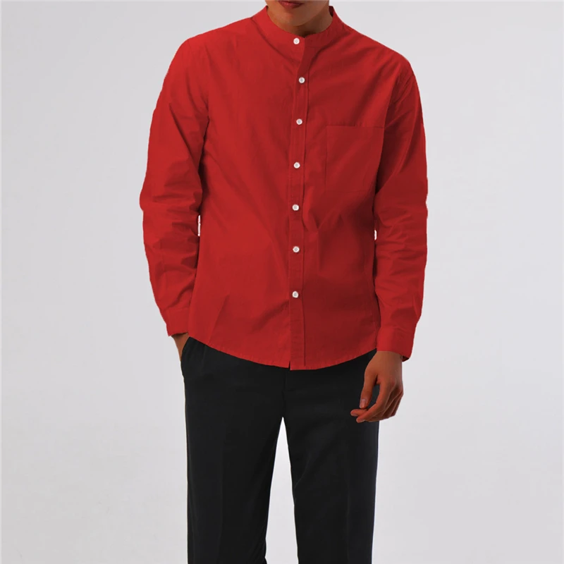 Рубашка мужская с воротником стойкой повседневная приталенная блузка на