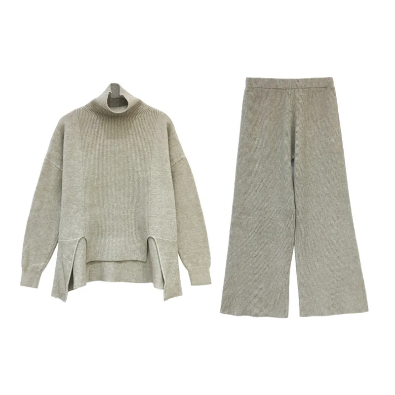 

Women Autumn Loose Two Piece Knit Tracksuits Turtleneck Irregular Sweater&High Waist Wid Leg Pants Sets Outfits 2Pc Pants Suits