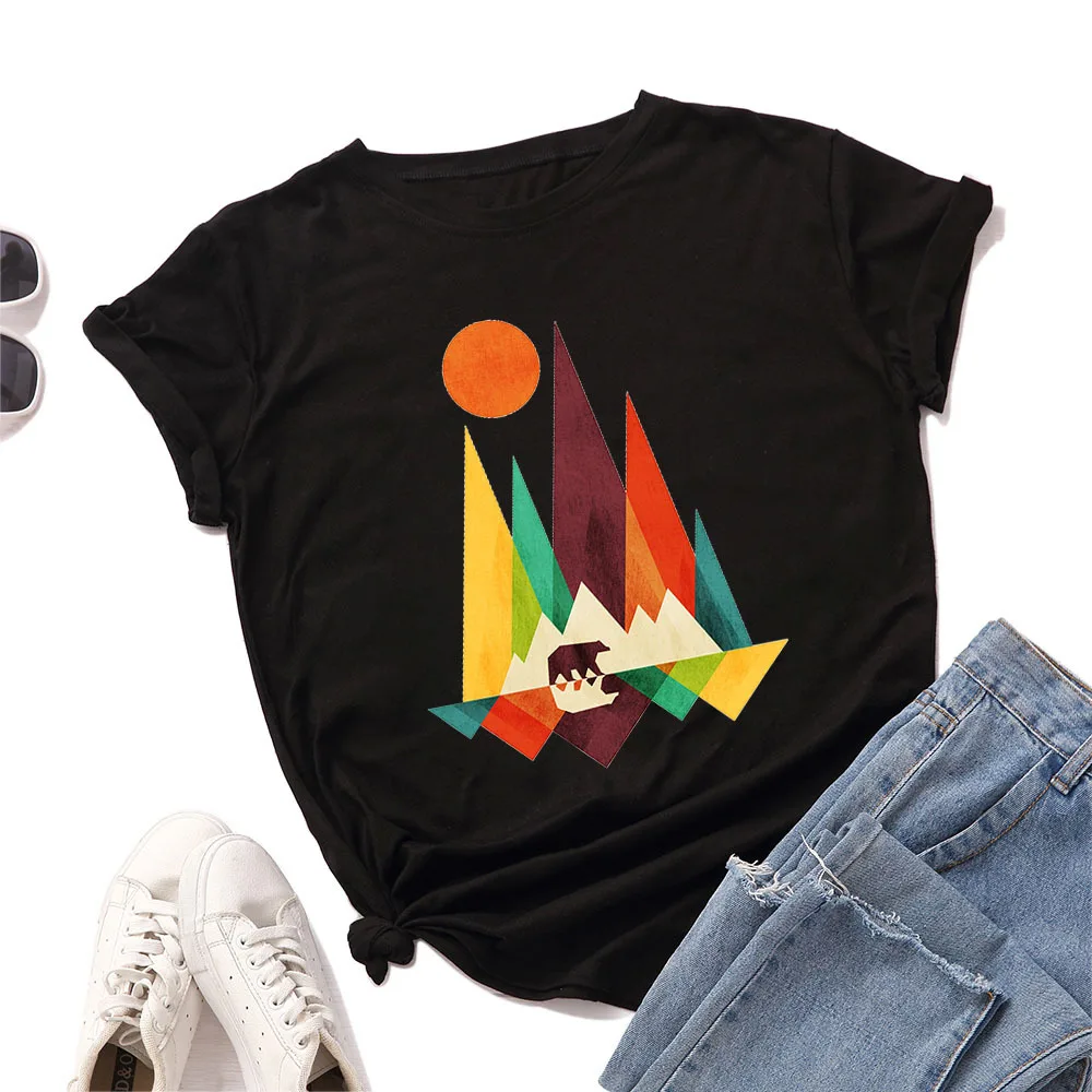 

Fashion Basic Tees S-5XL 100% Cotton Summer Women Print T-shirt Harajuku Casual Tops Plus Size Geometric Patterns Loose T Shirts
