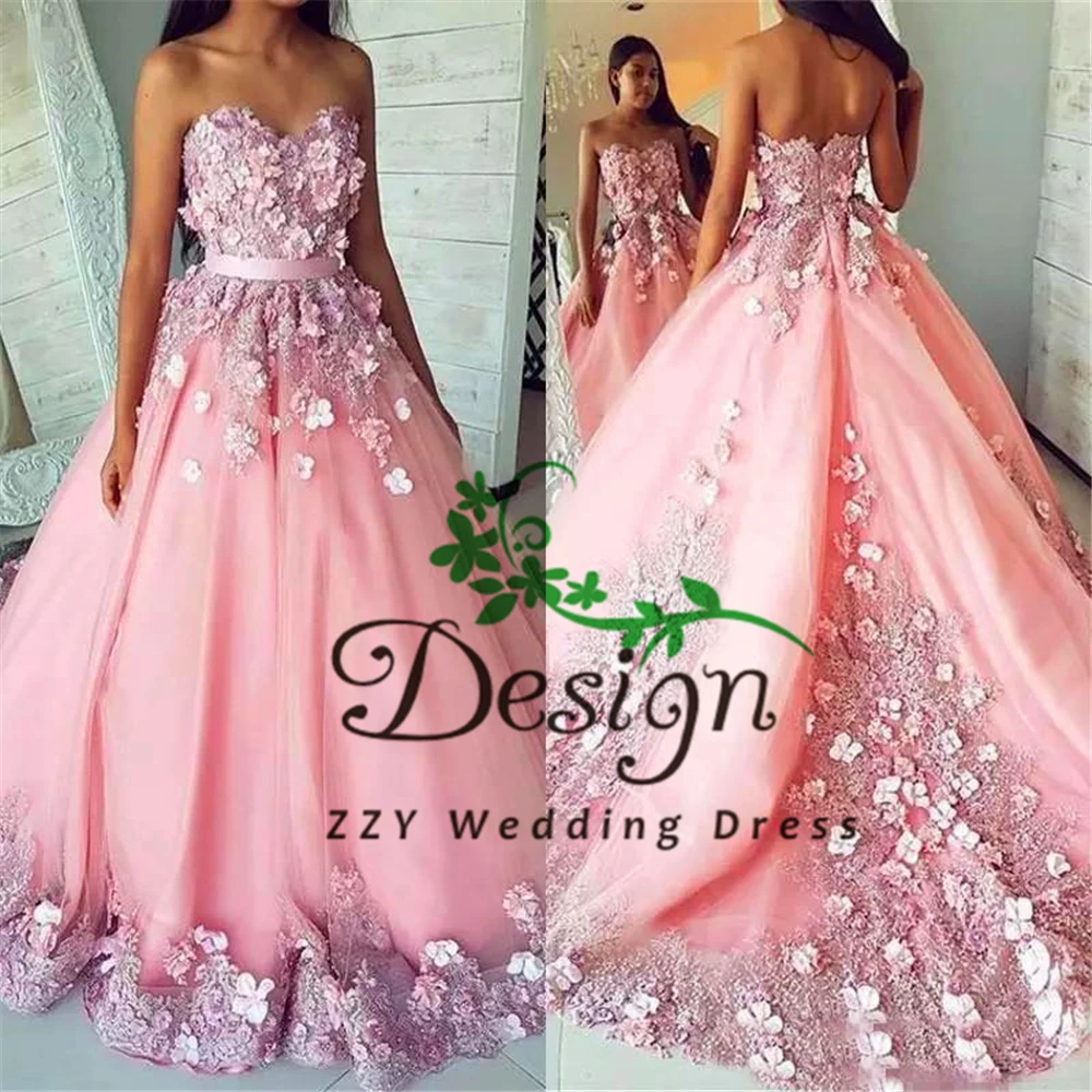 

Excellent Pink 3D Flowers Appliques Sashes Crystals Lae-Up Court Train vestidos de 15 vestidos de quincea Quinceanera Dresses
