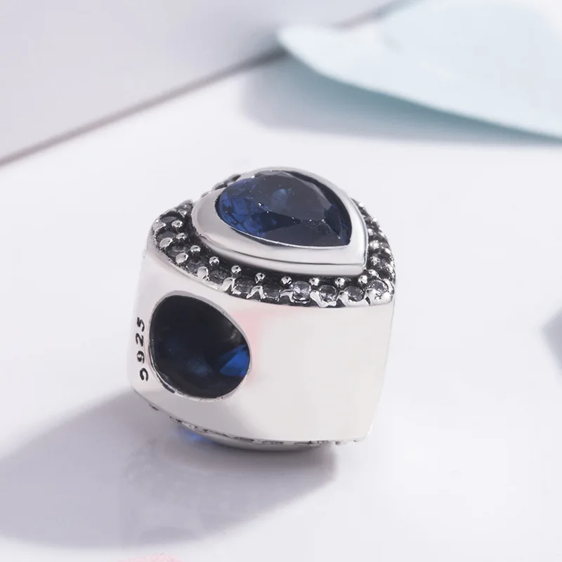 

Genuine 925 Sterling Silver Charm Sparkling Two Gorgeous Love Heart With Blue Crystal Bead Fit pan Bracelet Diy Jewelry