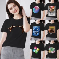 classic black t shirt womens casual tops simple 3d pattern hot stamping series o neck women slim short sleeved commuter tops