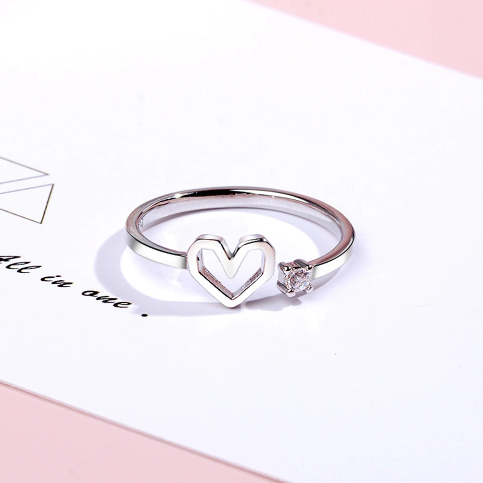 Женское регулируемое кольцо с цирконом Love Heart посеребренное из медного сплава