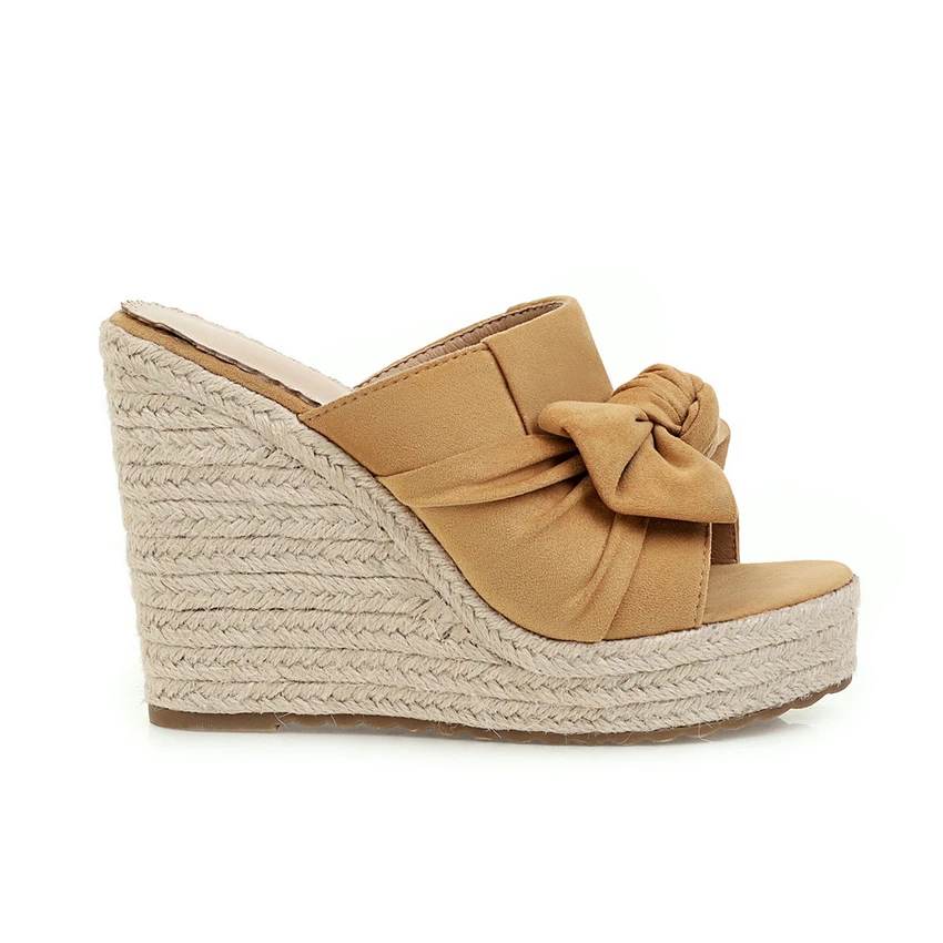 Сланцы ANMAIRON женские из флока однотонные туфли на танкетке с бантом-бабочкой