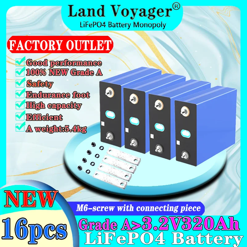 

16PCS Land Voyager 3.2V 310Ah 320Ah LiFePO4 battery pack DIY 4S 12V 24V Motorcycle Electric Car Solar Inverter batteries