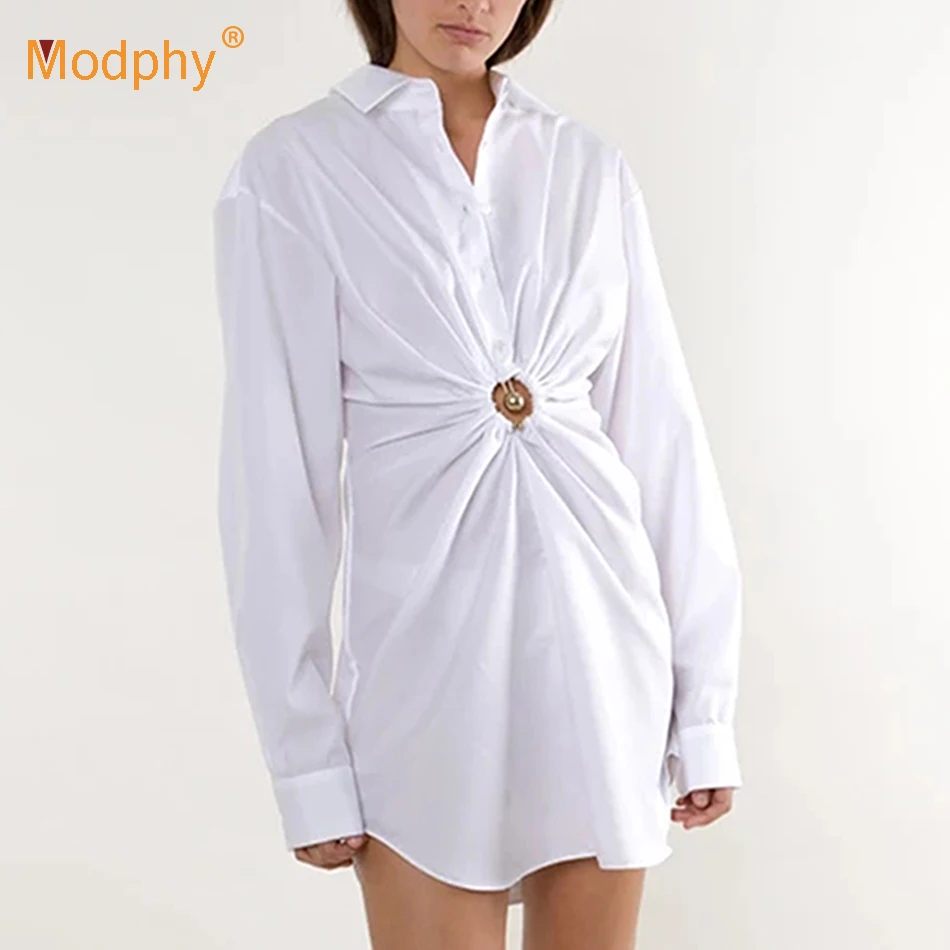 Женское офисное элегантное платье рубашка с отложным воротником белое длинным