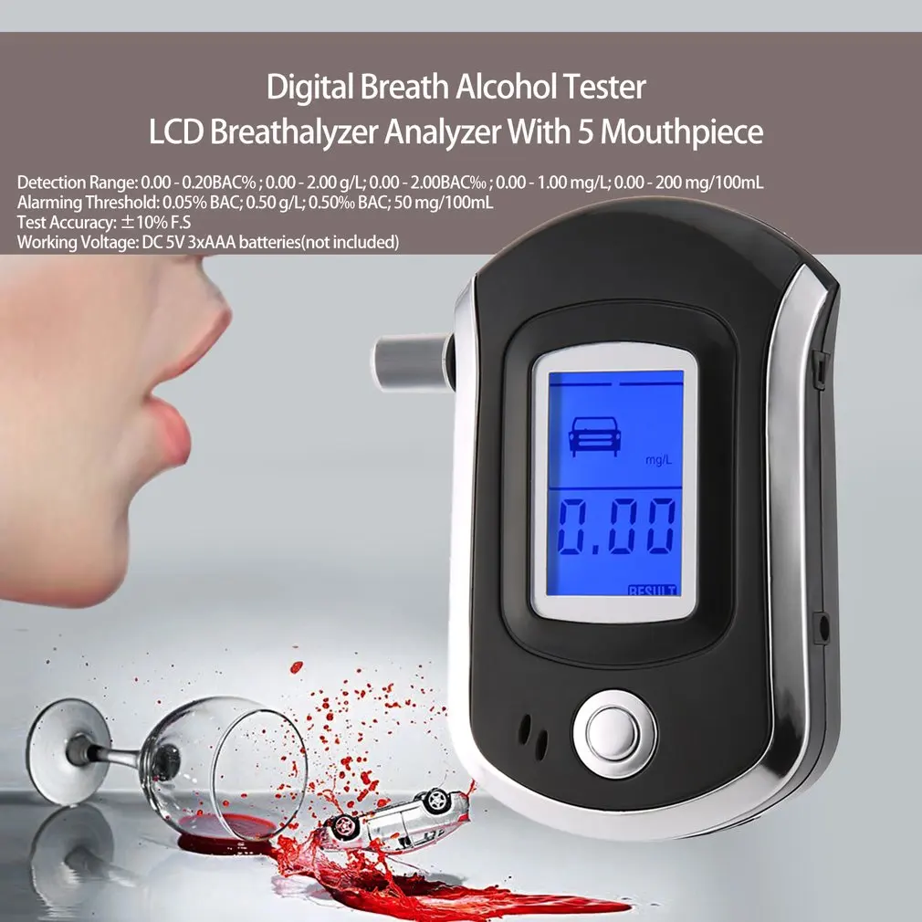 

Digital Breath Alcohol Tester Breathalyzer with LCD Dispaly with 5 Mouthpieces AT6000 Hot Selling Drop Shipping