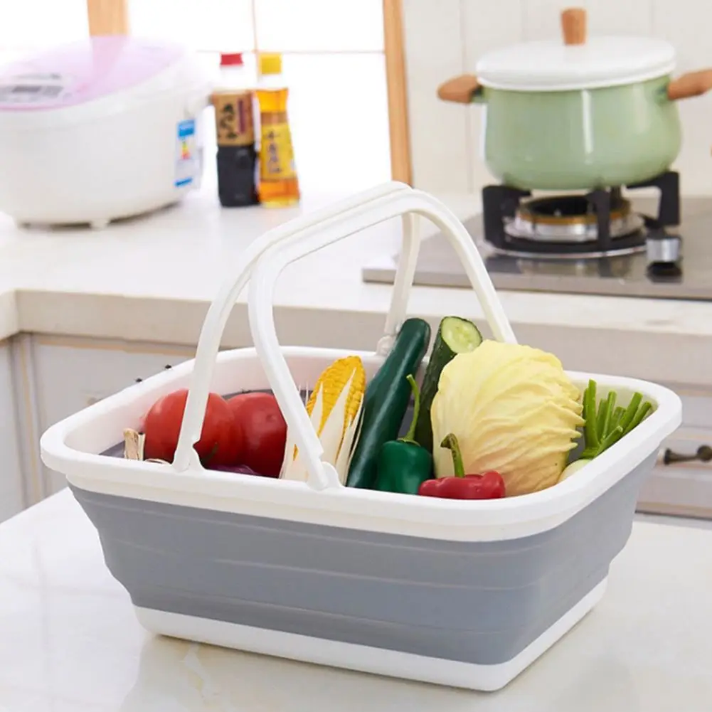 Portable Folding Plastic Square Bucket Vegetable Fruits Washing Basket Water Storage Basin Kitchen Organizer Tools
