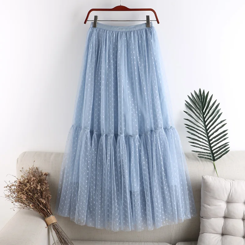 

2020 Women Vintage Skirts Women Elastic High Waist Mesh Hollow stitching Skirt Long Pleated Skirt Female Boho Double Layer Skirt