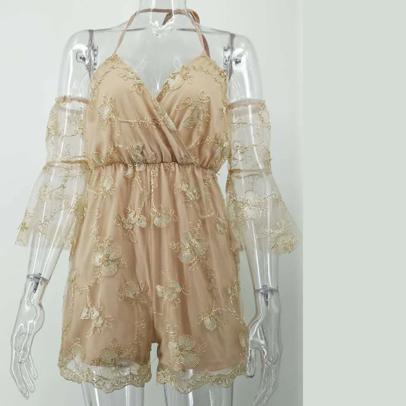 Летний женский комбинезон размера плюс с тяжелой вышивкой фатиновым v образным