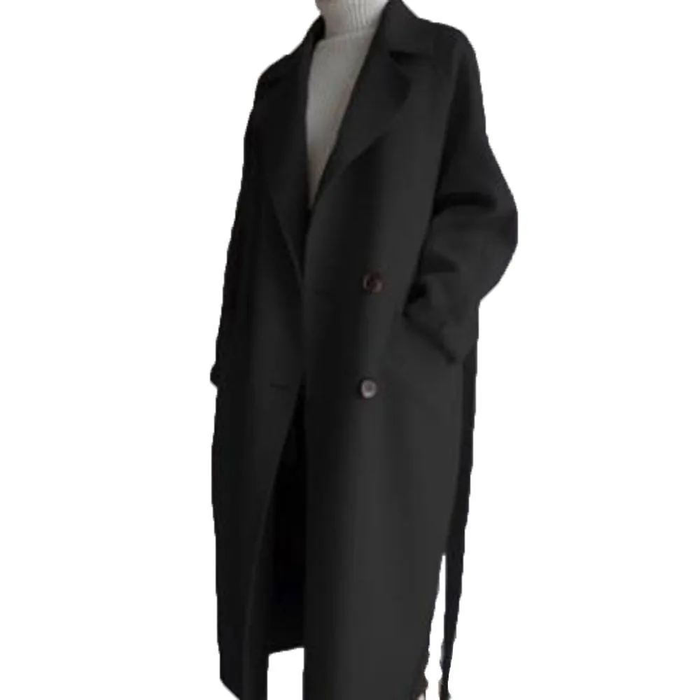 

Женское шерстяное пальто, однотонное длинное двубортное пальто с карманами и отложным воротником, повседневное теплое пальто с длинным рук...