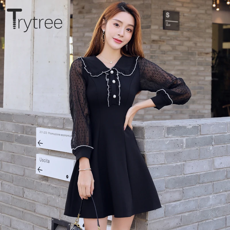 Осеннее платье Trytree 2020 повседневные женские сетчатые мини-платья в стиле пэчворк
