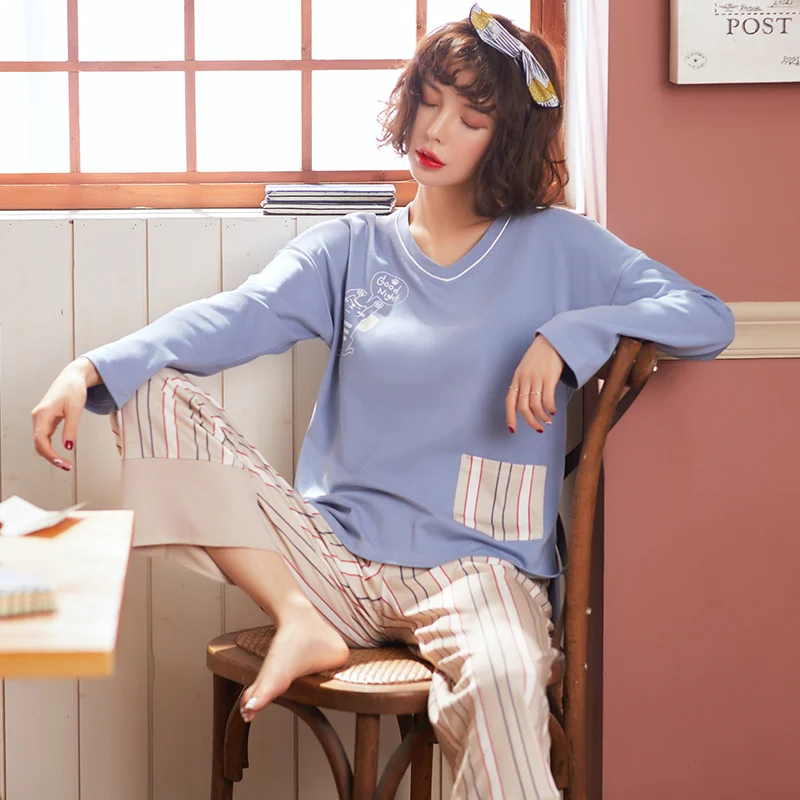 Большие размеры M 4XL осенне зимние женские хлопковые пижамы с длинными рукавами