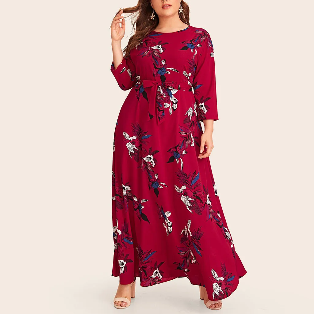 MISSOMO Plus Size 5XL dress Women maxi dress Casual Floral Print O-Neck Long Sleeve Bandage long Dress with belt vestidos 813