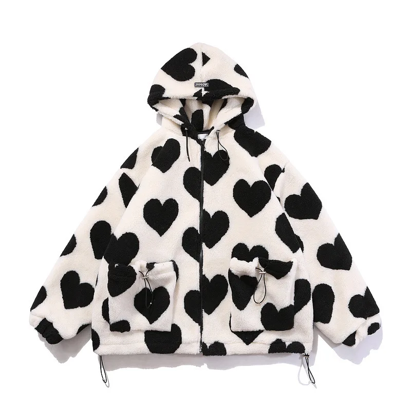 New Love Printed Lamb Velvet Jacket Hong Kong Style Loose Hooded Wild Cotton Jacket Winter Clothes Women Cute Sweet Jacket