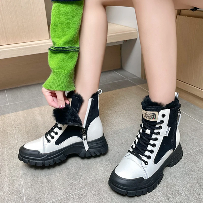 

Cotton warm thick casual riding boots 2021 winter new color matching leather color matching women's shoes round toe cotton shoes