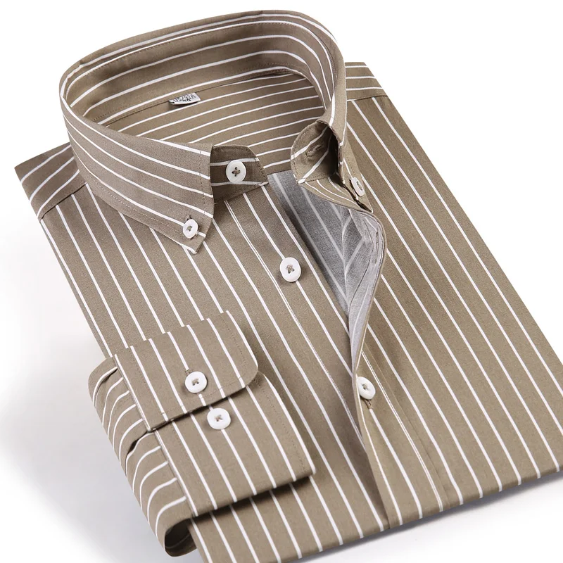 

Men's Standard-fit Long-Sleeve Khaki Striped Casual Shirt Comfortable Button-down Collar Pocket-less Design Easy Care Shirts