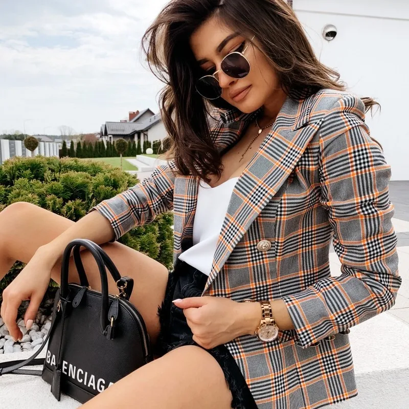 

2020 ebay speed sell tong WISH qiu dong long sleeve plaid coats small metal buckles double-breasted suit