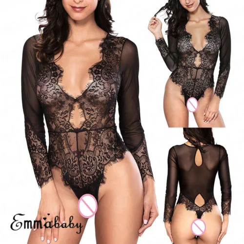 

Sexy Women's Bodycon Bodysuit Lace Long Sleeve V Neck Jumpsuit Romper Leotard Top New