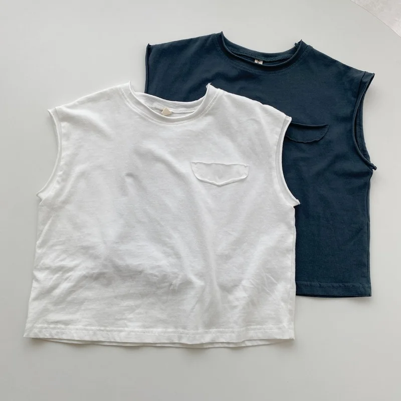 

Summer new sleeveless loose T shirts for boys and girls cotton solid color casual soft vest
