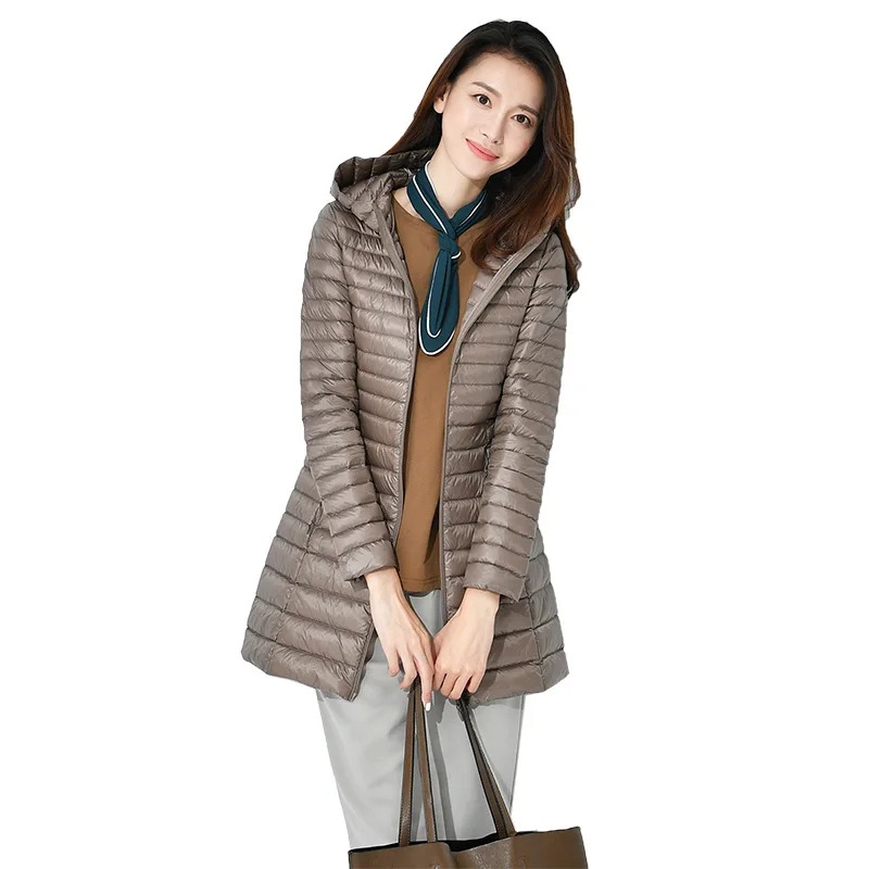 Тонкий легкий Длинные куртки женские 90 белая утка вниз высокое качество пальто