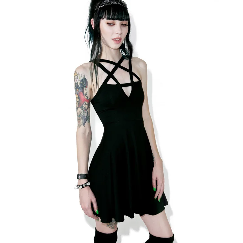 

New Suspender Black Dress Unique Party Prom Shopping Dating Sexy Hollow Five-Pointed Star Skirt Cool Girl Vacation
