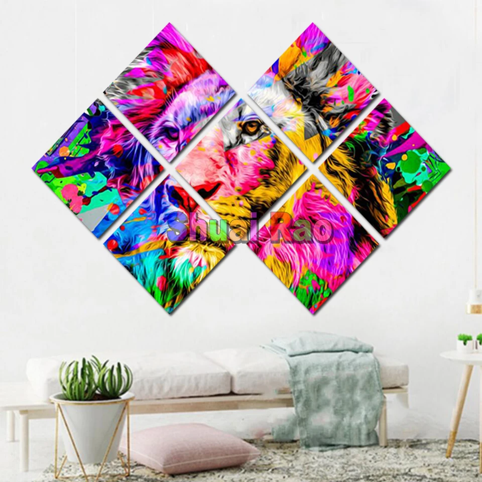

7 Pieces Diy Diamond painting full square/round Drill"Abstract Colorful lion"5d Diamond embroidery Rhinestone Animal home decor