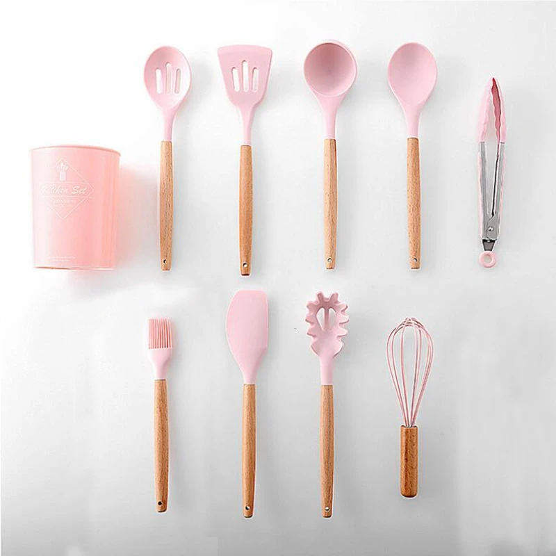 Pink 9PCS 9/11 шт/силиконовый Пособия по кулинарии набор посуды с ящик для хранения натуральные деревянные ручки с антипригарным покрытием лопатка Черпак Кухня посуда инструменты - Цвет: Pink 9PCS